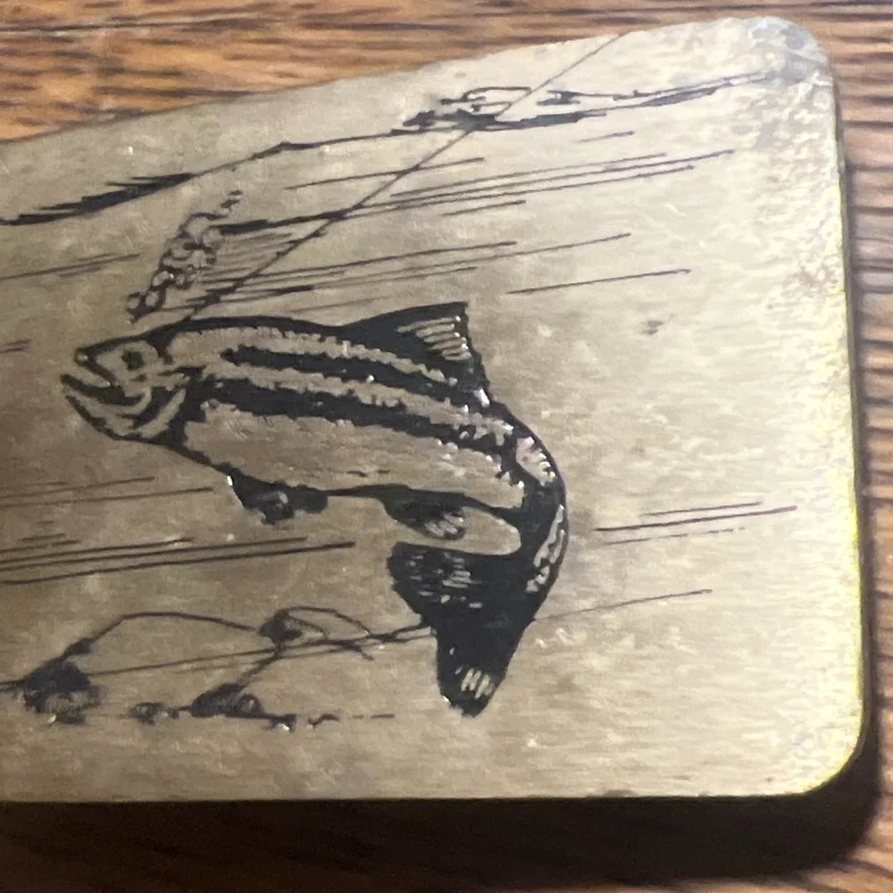 Vintage 1984 NAP Solid Brass Jumping Trout Fisherman Belt Buckle Made in USA